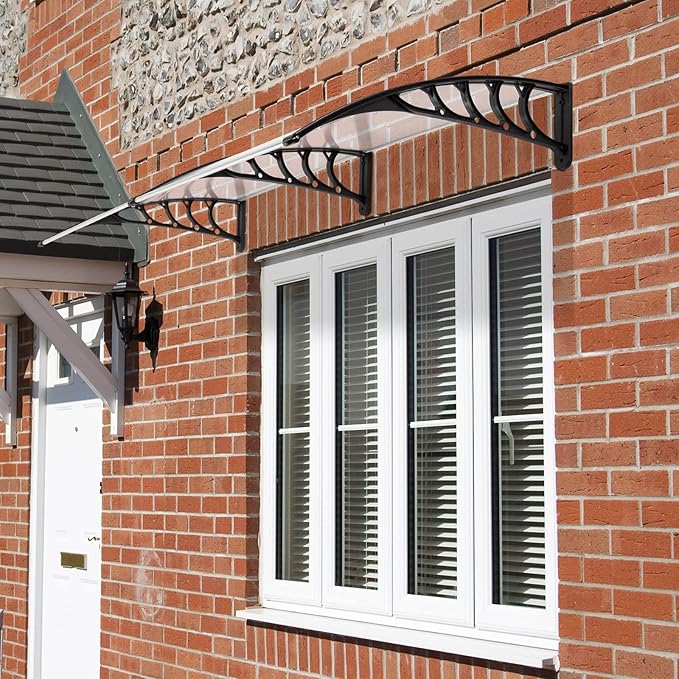 Window Awning Door Canopy Exterior- 38" x 80" Aluminum Door Awning, Polycarbonate Cover Patio Canopy Awning for House, Outside, Rain Snow & UV Resistant (Clear Board & Black Bracket)