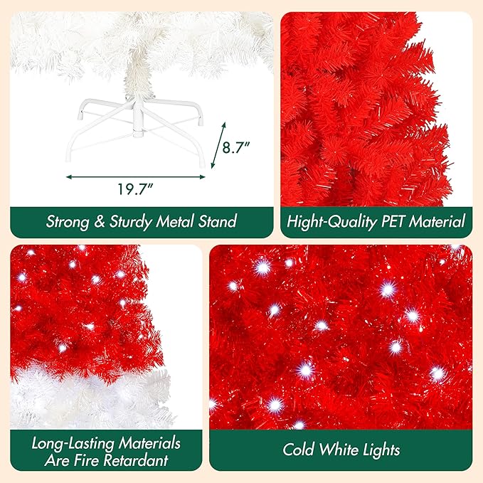 Merax 7FT Prelit Red Christmas Tree, Santa Hat Elf Hat Whimsical Christmas Tree Prelit with 400 Lights, 1250 Tips for Holiday Decor (Red)