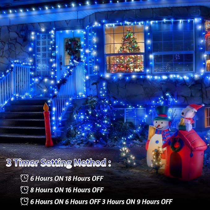 200 FT 500 LED Christmas Lights Outdoor Fairy Lights Plug In Extra Long String Lights Clear Wire Waterproof 8 Modes Timer for Outside House Tree Garden Yard Wedding Party Decorations-Blue & White
