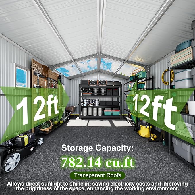 12x10 FT Metal Sheds & Outdoor Storage: Heavy Duty Garden Sheds with Dual Transparent Roof Panels, DIY-installable Windows & Lockable Doors, Weatherproof Tool Shed for Backyard, Garden, Patio, Grey