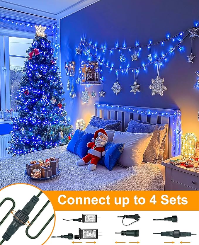 Blue Christmas Lights Outdoor, 80FT 240 LED Christmas Tree Lights Waterproof Plug in, 8 Modes Connectable Christmas Decorations Green Wire for Indoor Home Patio Garden Xmas Tree Party