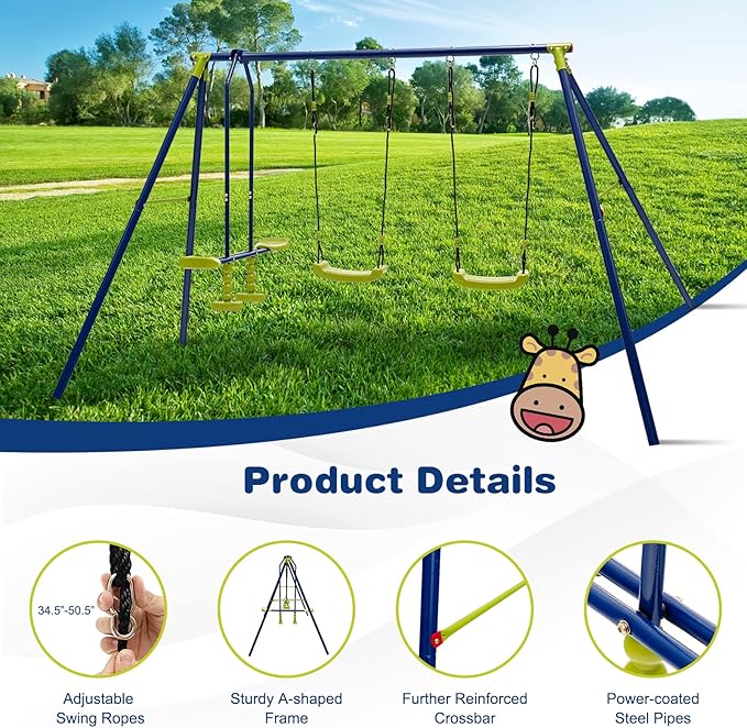 GLACER Metal A-Frame Swing Set, Heavy Duty Steel Playset for Kids w/ 2 Swings & 2-Person Glider, 440 LBS Swing Set for Kids Aged 3-10 Years Old, Multi-Purpose Play Set for Backyard, Garden, Park