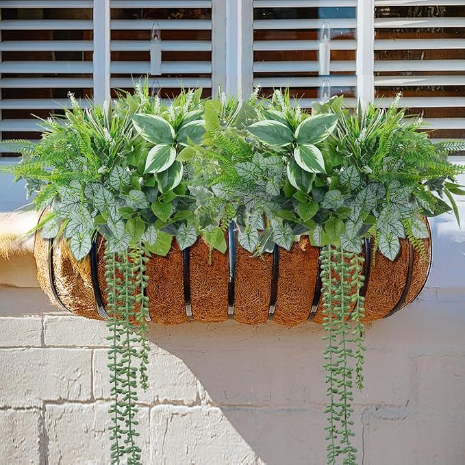 16 Bundles Artificial Greenery Stems for Outdoors Faux Plants UV Resistant Fake Leaves Bushes with Hanging Plants for Outside Porch Window Box Home Garden Decor (13.8")