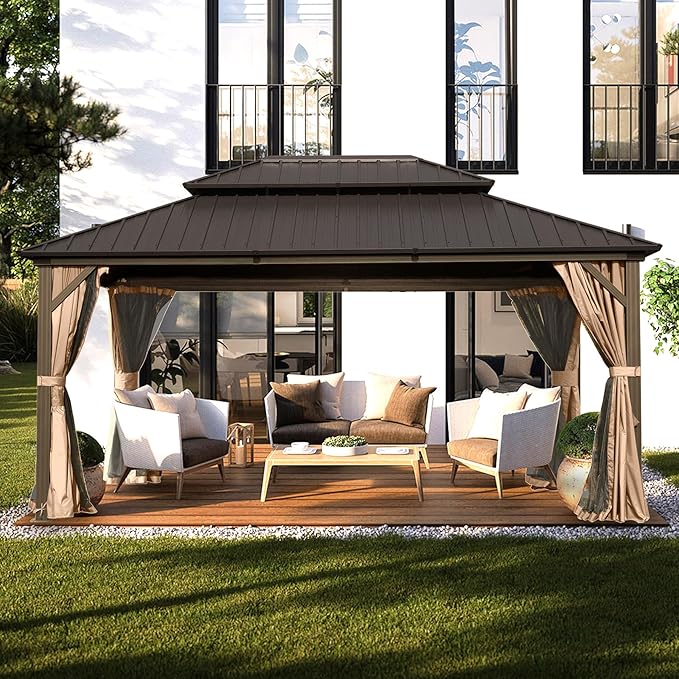 Domi 10' x 14' Hardtop Gazebo Permanent Metal Gazebo with Galvanized Steel Double Roof, Curtains and Netting for Party, Wedding, Outdoor Dining, Patio, Backyard, Brown