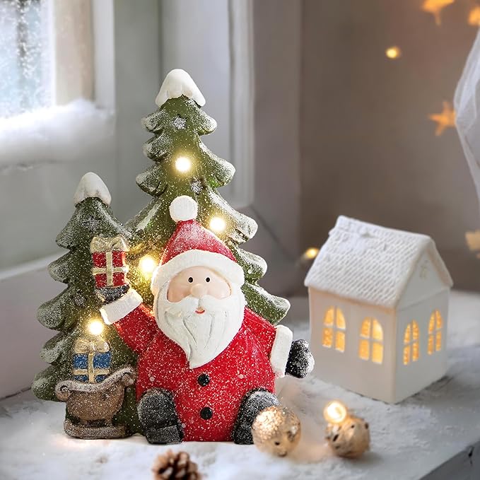 Santa Claus Statues Christmas Decorations Indoor -Christmas Santa Claus Tree Statue Figurines with Lights for Holiday Decor,Xmas Decorations for Table Fireplace Mantle,Winter Xmas Gifts with Timer