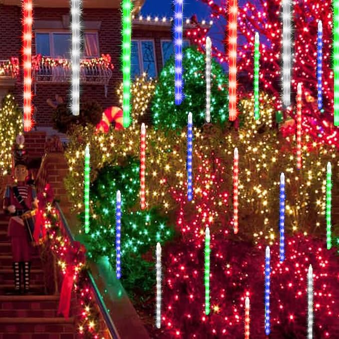 24 Tubes Meteor Shower Lights, Outdoor Icicles Christmas Lights, 12 Inch 864 LED Iciclelights Snow Falling Light, Connectable Raindrop Light, Xmas Wedding Party Tree Holiday Decor, Multicolor