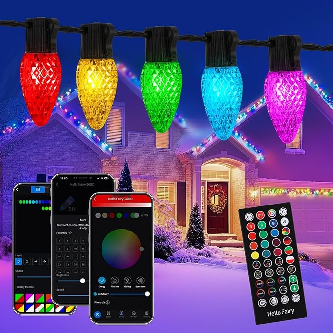 Smart C9 Christmas Lights Outdoor, 66FT 100 LED RGB with Remote,App Bluetooth Music Sync, DIY Scenes & Timers, Connectable to 198FT, IP44 Waterproof Roofline Eaves Porch Fence Decorations