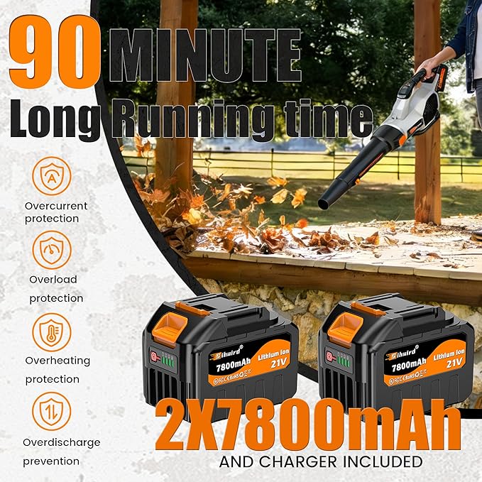 Leaf Blower Cordless, 675CFM Electric Leaf Blowers with 2 x 7.8Ah Batteries and Charger, 3- Speed & Turbo Mode, Equipped with LED Lighting, 1 x Shoulder Strap, Blowers for Lawn Care - SL9501