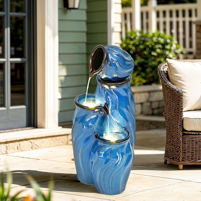 Autodaya 29" Ceramic Outdoor Fountain with Lights, 4-Tier Pots Waterfalls Patio Water Fountain, Tranquil Oasis for Relaxing Garden, Yard, or Porch Decor, Turquoise, Dynamic Wave-Texture
