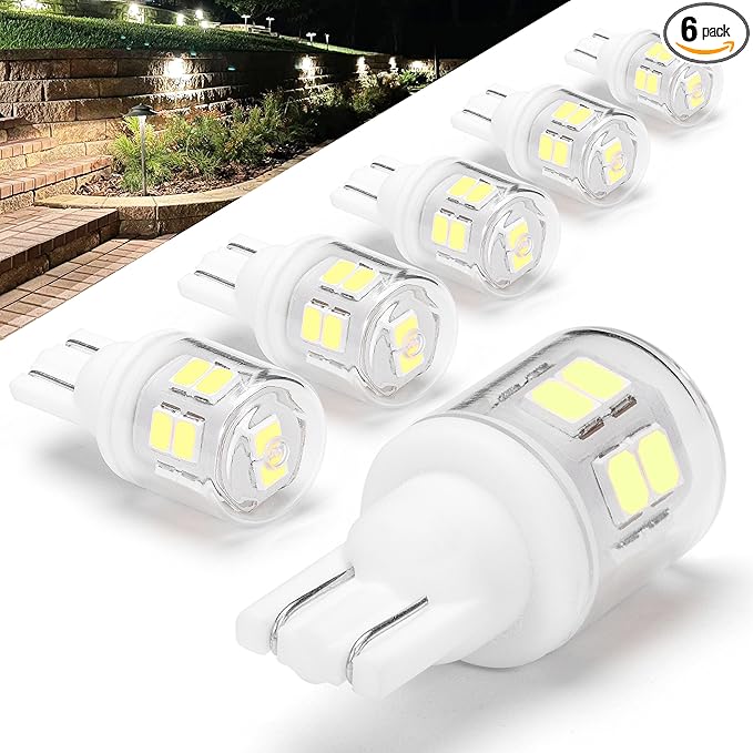 T5 T10 Wedge Base LED Landscape Lights, Daylight White 6000K Low Voltage AC/DC 12-24V, 2 Watts Equivalent 11W 18W Incandecent Bulbs for Camper RV Marine Boat Path Lawn Malibu Lighting, 6 Pack