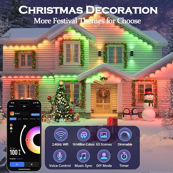 wowlite Permanent Outdoor Lights 100FT, RGBIC Smart Eave Lights with 72 LEDs, IP67 Waterproof, 110+ Scene Modes for House, Daily & Holiday Decorations, Christmas, Works with Alexa & Google