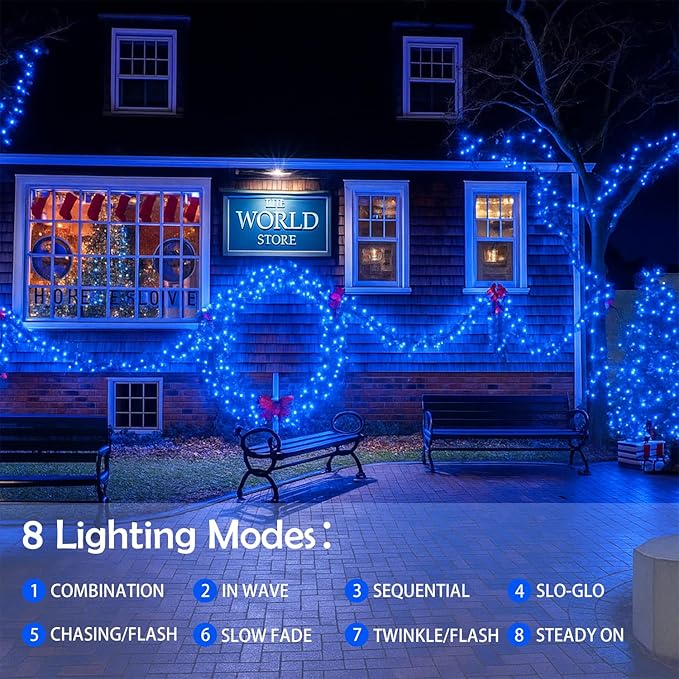 4 Pack 180FT Solar Christmas Lights Outdoor Waterproof, Super Bright 320 LED Solar String Lights with 8 Lighting Modes, Green Wire Solar Twinkle Fairy Lights for Outside Tree Xmas Party Garden(Blue)