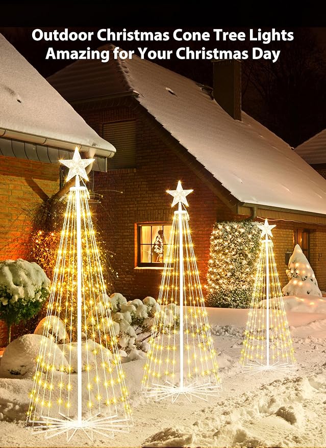 Outdoor Christmas Cone Tree Light with Remote, 3Set Outdoor Lightshow Christmas Tree with Star Topper, Dimmable Artificial Christmas Tree for Porch Yard Patio Indoor Christmas Decorations, Warm White