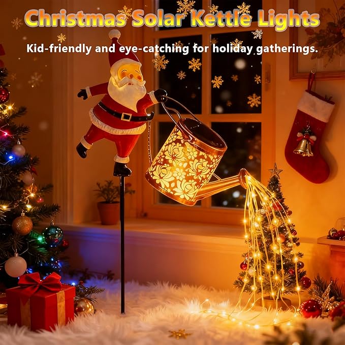 Solar Christmas Lights Outdoor, Waterproof Hanging Metal Watering Can Light Solar Christmas Decorations, Santa Solar Kettle Lights Holiday Displays for Garden Patio Path Yard Lawn