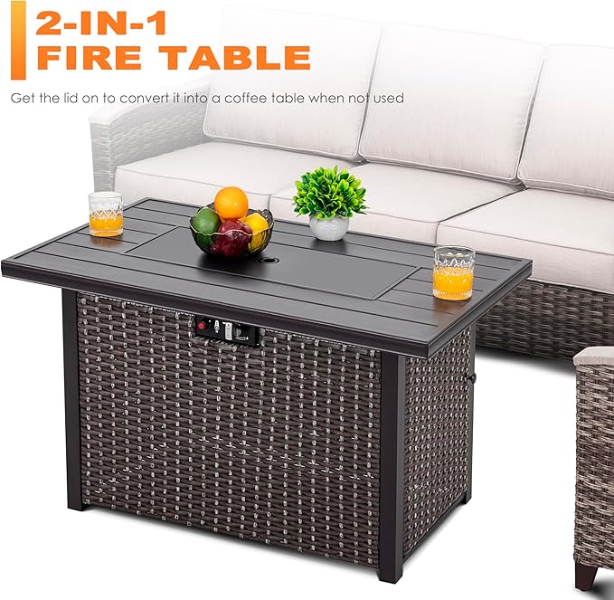 Nuu Garden 43 Propane Fire Pit Table, 50,000 BTU CSA Certified Outdoor Gas Fire Pit with Aluminum Tabletop, Removable Lid, 7 lbs Glass Rocks & Waterproof Oxford Cover, Brown