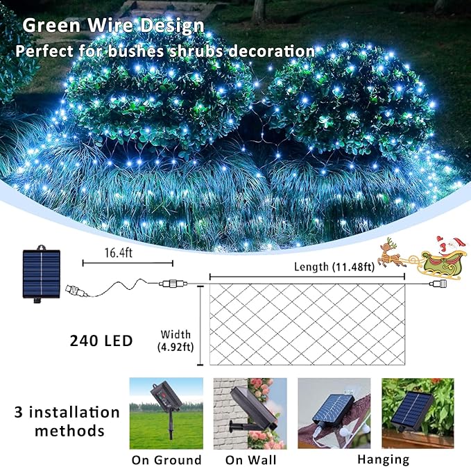 11.5ft x 5ft Solar Net Lights Outdoor, Solar & USB 2 Power Way 240 LED Waterproof Mesh Lights for Bushes, Remote Control 8 Modes String Light Trees Patio Garden Christmas Indoor Decor (Cool White)