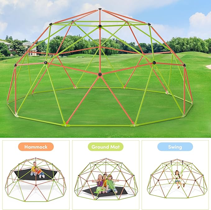 Jungle Gym 10FT X 10FT Climbing Dome with Swing & Hammock Outdoor Playset Support Up to 1000LBS Anti-Rust, Easy Assembly for Boys and Girls