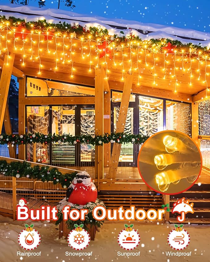 Christmas Lights Outdoor, 53 FT 486 LED String Lights for Outside, Timer & Memory, Plug in 8 Modes Hanging Fairy Lights with 108 Drops for House Eaves Holidays Decorations Multicolor to White