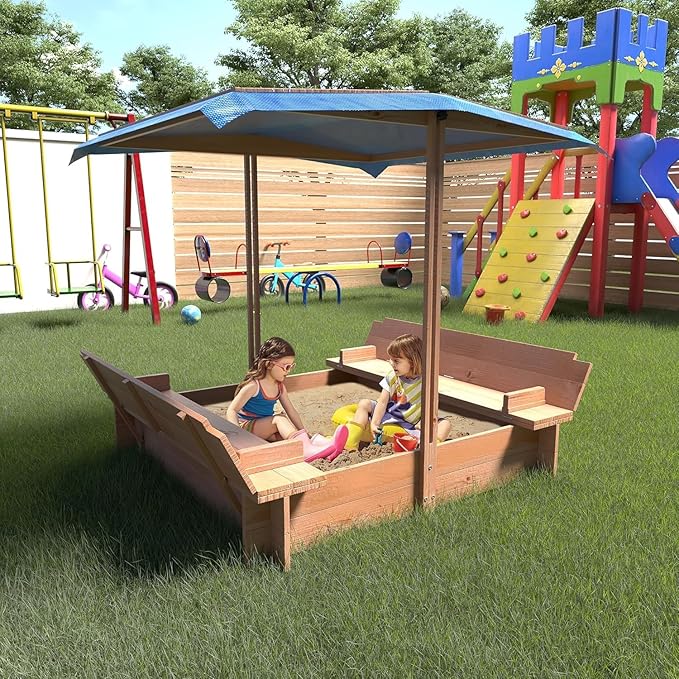 Kids Wooden Sandbox with Adjustable Canopy, Rotatable Sunshade Cover & Two Foldable Bench Seats for Outdoor Play