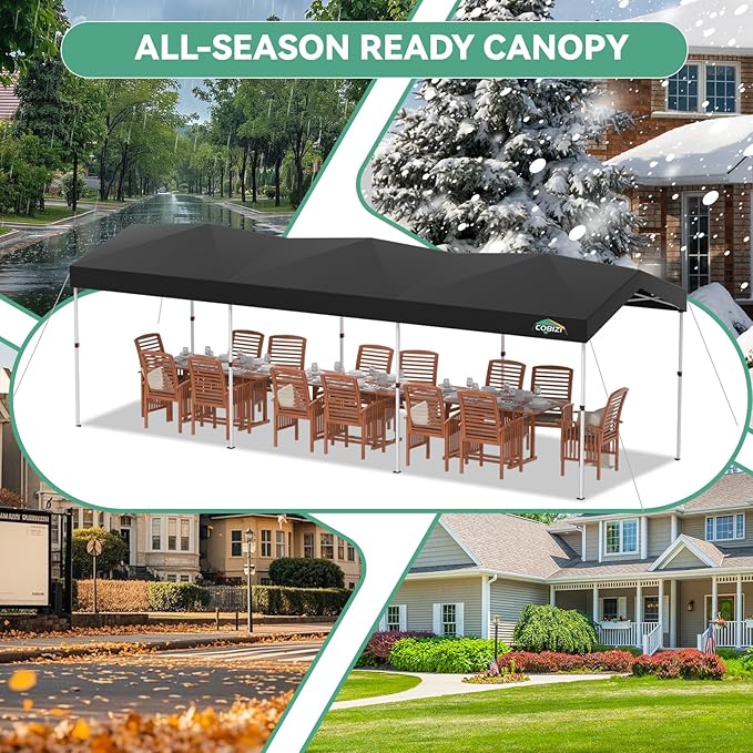COBIZI 10x30 Pop Up Canopy with One Button Push Center Lock,Ez Up Portable Carport with 3 sidewalls,Waterproof UV50+ Outdoor Party Commercial Carport Canopy Gazebos with Roller Bag(10 x 30 ft Black)