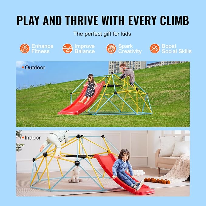 VEVOR Climbing Dome, 8FT Jungle Gym with Slide, Geometric Dome Climber Supports 600LBS and Easy Assembly for Kids 3 to 9 Years Old, with Climbing Grip, Outdoor and Indoor Play Equipment for Kids