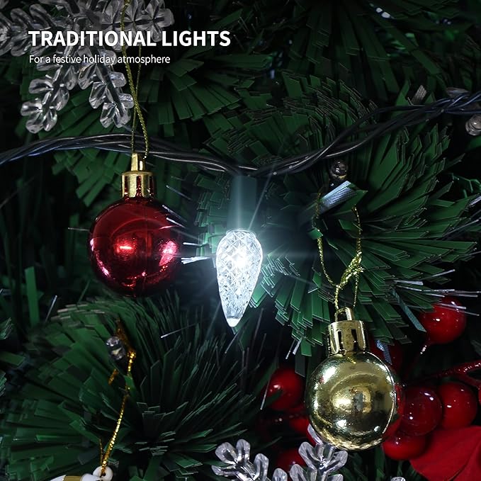 WATERGLIDE C6 Christmas Lights, 33ft 100 LED Faceted String Lights Green Wire Fairy Lights with 29V Safe Adaptor, 8 Lighting Mode, Waterproof for Indoor Outdoor Patio Xmas Tree Party Decor, Cool White