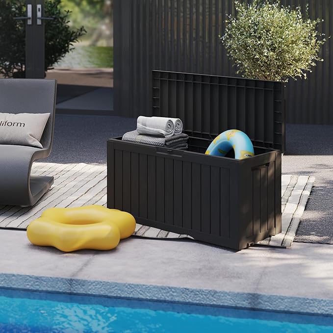 Mersco 72 Gallon Double-Wall Resin Deck Box - Lockable Waterproof Outdoor Storage Box, 515lbs Capacity & Doubles as Seating for Patio Furniture - Garden Tools, Pool Accessories (Black)