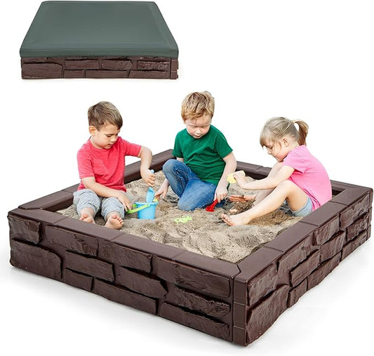 GLACER Sandbox with Cover, 47x 47 HDPE Sand Box w/Oxford Cover, Bottom Drainage Oxford Liner, All Weather Resistant Sand Pit in Backyard Lawn Garden Beach for Kids (Brown)