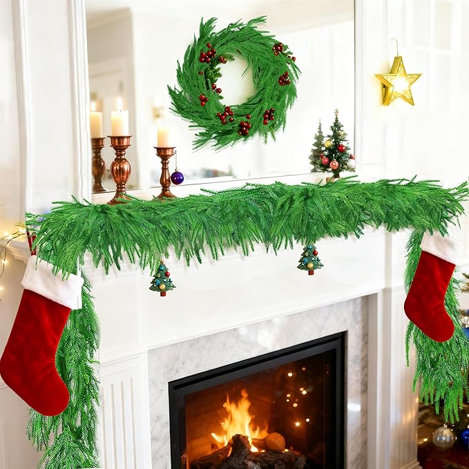 Grever 6 Feet Christmas Artificial Norfolk Pine Garland Real Touch Fake Evergreen Greenery Garland for Indoor Outdoor Fireplace, Mantle, Door, Windows, Table, Stairs, Wall, Wedding and Holiday Decor
