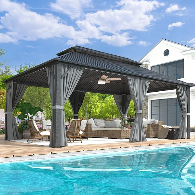 12x20 FT Gazebo Hardtop Gazebo, Aluminum Pergola with Double Galvanized Steel Roof, Curtains and Netting Included, Outdoor Gazebos Canopy for Patio, Backyard, Deck, Lawn,Grey