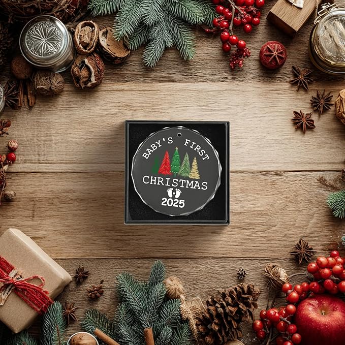 Horaldaily 3.15" Christmas Trees Glass Ornament 2025- Baby's First Christmas Round Decor - Xmas Tree, Holiday Presents, Gift Exchange Ideas Hanging Decor for New Mom New Dad