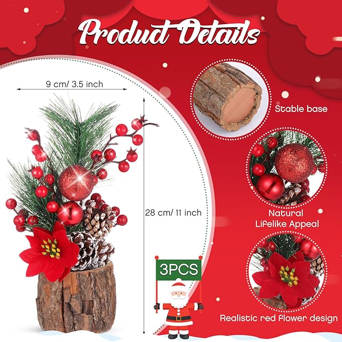 3 Pcs 11 Inch Christmas Tree Tabletop Artificial Mini Christmas Tree Decorations with Holiday Ornaments Pine Cone Berry Farmhouse for Fireplace Home Indoor Decor (Poinsettia)