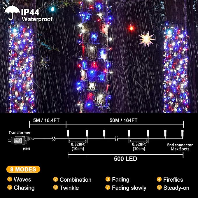kemooie 4th of July Decorations Lights, 500 LED Red White and Blue Lights, 164FT 8 Twinkle Modes Plug in Waterproof for Outdoor Patio Balcony Garden Christmas 4th of July Decorations