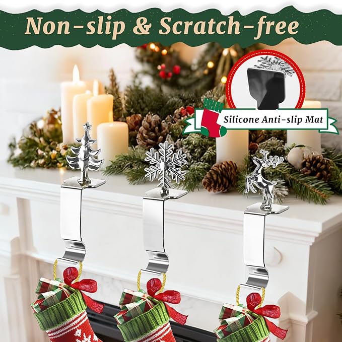 cyrico Christmas Stocking Holders for Mantle, Set of 6, Sturdy Metal Stocking Hangers for Mantel, Cute Lightweight Silver Xmas Mantle Hooks for Fireplace Window Counter Christmas Party Decoration