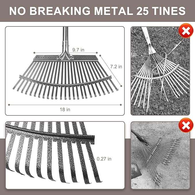 KeFanta Garden Leaf Rakes, Rake for Leaves Heavy Duty 25 Metal Tines 18.5 Wide, 62 Adjustable Long Handle Rakes for Lawns Yard Grass Flower Beds