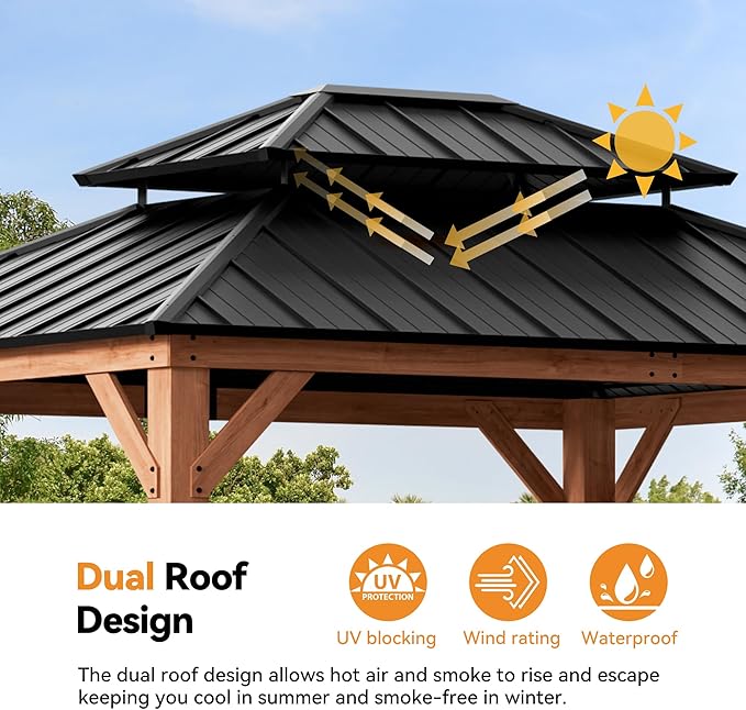 Modern Shade Rosewood Wood Gazebo 10' x 12', Cedar Framed Grill Gazebo with Double Galvanized Steel Roof, Mosquito Netting and Curtains, Permanent Hardtop with Sturdy Hooks for Garden, Backyard, Patio