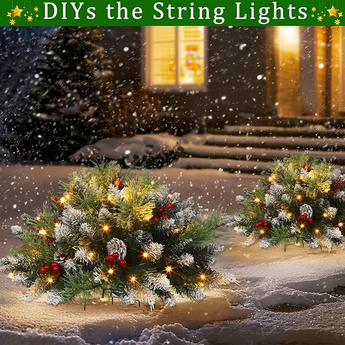 Timer Dual Color Change 2 Pack Christmas Tree Outdoor Urn Filler 24Inch Artificial Snowy Pinecone Red Berries Tripod Stake Warm White & Colorful Lights Battery Operated 8 Mode Porch Decor Pathway Yard