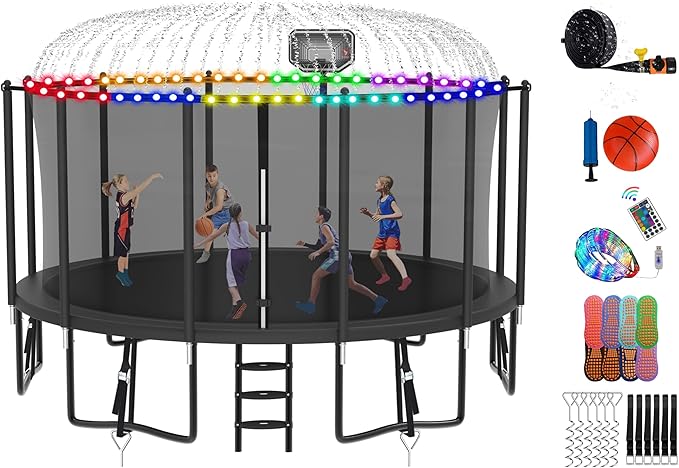 DeepRoar 2026 Upgraded 8FT 10FT 12FT 14FT 15FT 16FT Outdoor Tranpoline for Kids, Big tranpoline with Basketball Hoop, Lights, Sprinkler & Socks, Heavy Duty tranpoline 1500LB, ASTM Approved Tranpoing