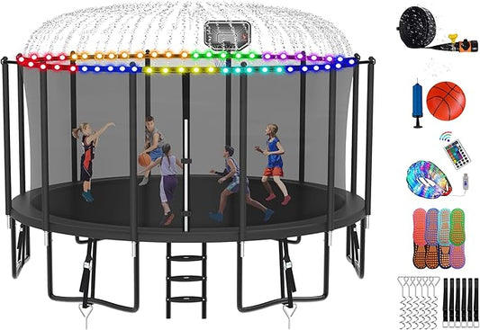 DeepRoar 2026 Upgraded 8FT 10FT 12FT 14FT 15FT 16FT Outdoor Tranpoline for Kids, Big tranpoline with Basketball Hoop, Lights, Sprinkler & Socks, Heavy Duty tranpoline 1500LB, ASTM Approved Tranpoing