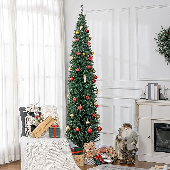 HOMCOM 8' Artificial Pencil Christmas Tree, Slim Xmas Tree with 618 Realistic Branch Tips and Plastic Stand, Green