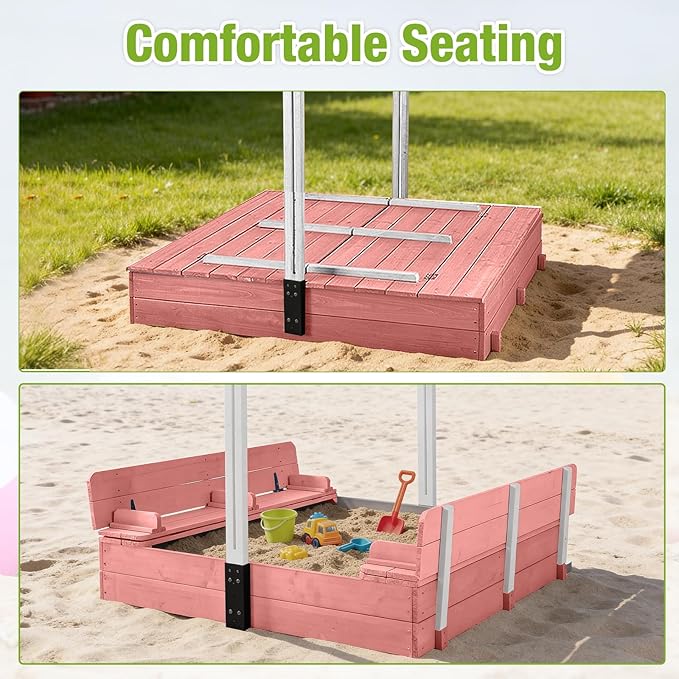Wooden Sand Box with Cover,Sandbox with Lid Foldable Beench Seats,Sand Boxes for Backyard Garden, Beach Patio Outdoor (Sandbox-P)