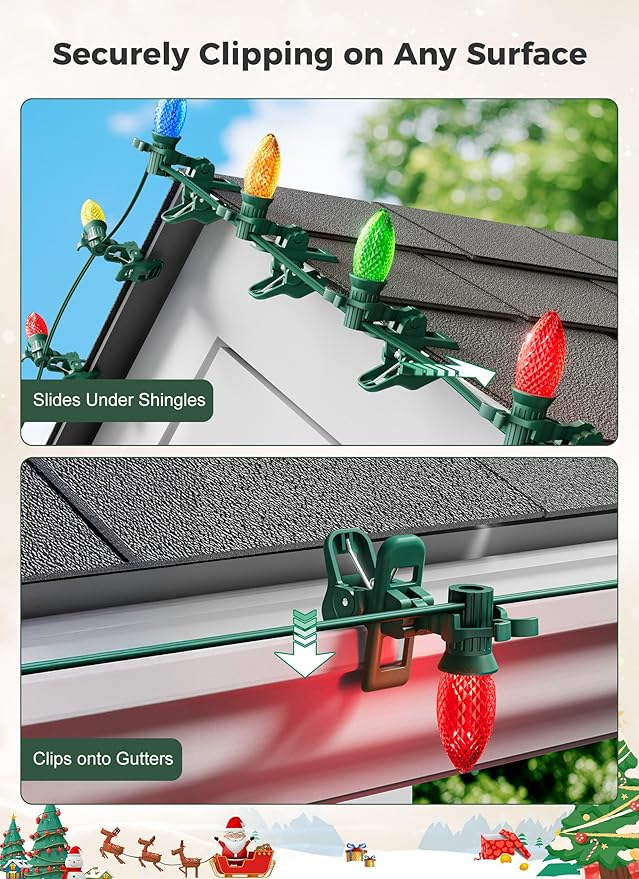 C7 C9 Christmas Lights Spring Clips, 150 Count Holiday Lights Quick Spring Clips, Shatterproof Shingle and Gutter Clips for E12, E17Socket, Rope Lights Roofline Fence Railing Mantel Christmas Trees