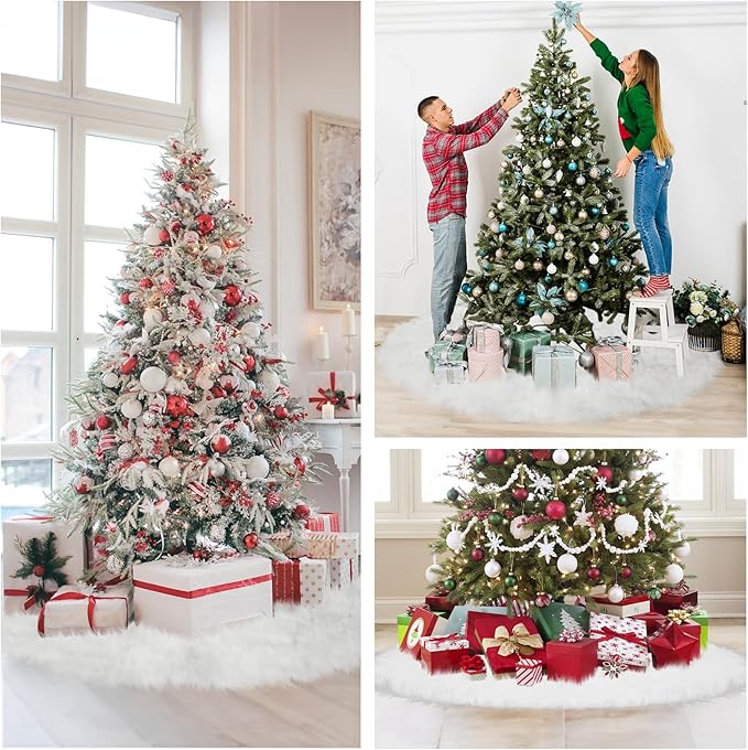 Christmas Tree Skirt, 60 Inch Christmas Decorations Tree Skirt, Faux Fur White Soft Long Thick Velvet Tree Rug, Large Vintage Tree Base Cover Round Mat for Merry Christmas Holiday Party