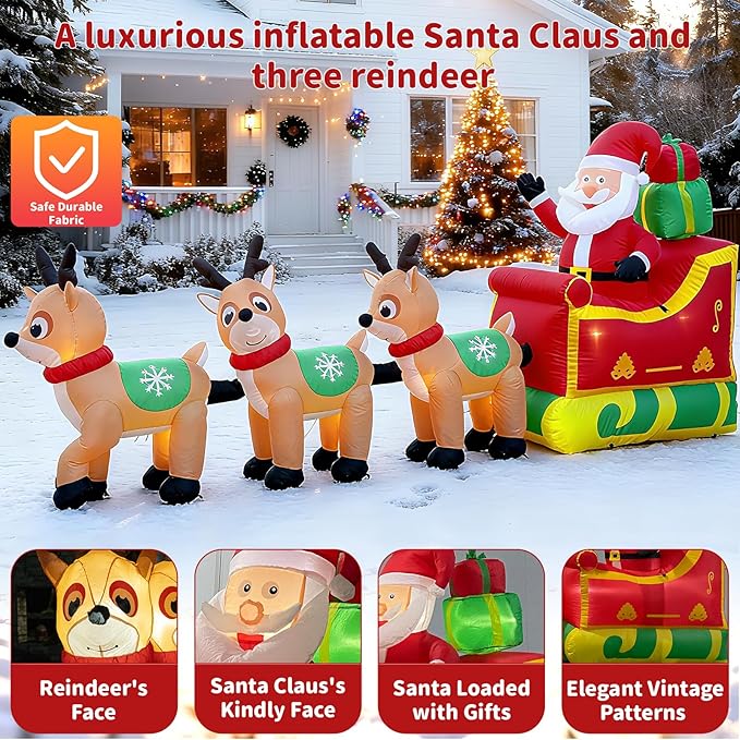 12FT Christmas Inflatables Outdoor Decorations, Santa Claus on Sleigh with 3 Reindeers,Reindeers Pulling Santa's Sleigh with Gift Boxes, Built in LED Lights for Christmas Party Decor, Yard,Garden Lawn