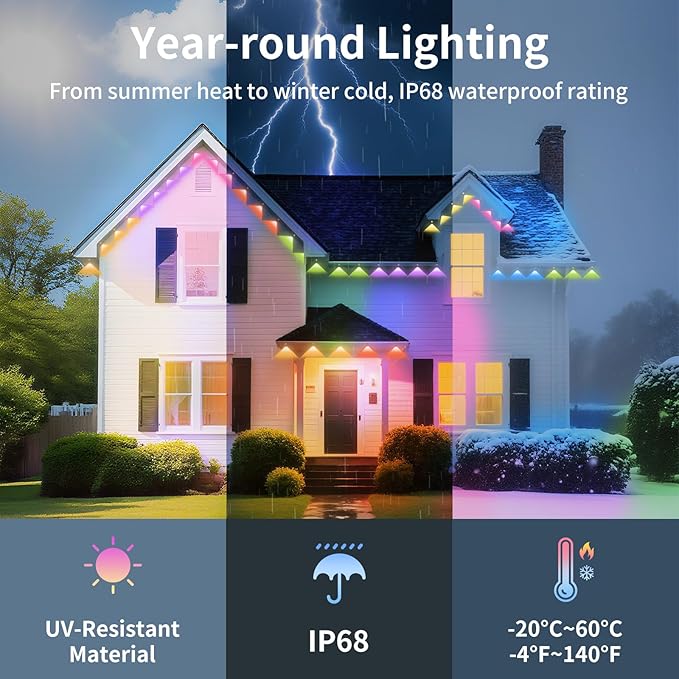 150ft Permanent Outdoor Lights with 90 LEDs, IP68 Waterproof Smart RGB+IC LED Christmas Light with 75 Scene Modes, Holiday Lights for Christmas Halloween, Work with Wi-Fi, Alexa & Google Assistant