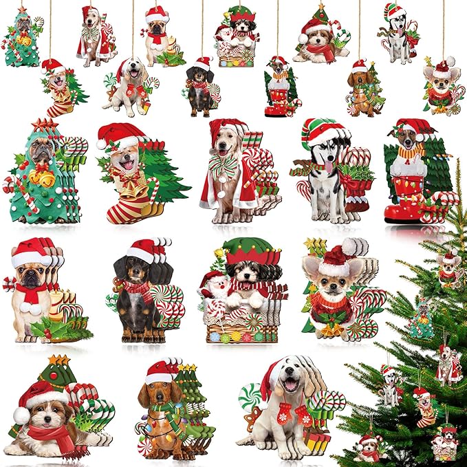 Qunclay 36 Pcs Dog Christmas Tree Ornaments Wooden Dog Christmas Tree Decorations Rustic Xmas Puppy Hanging Ornament Decorative Puppy Wood Pendants for Home Fireplace Holiday Xmas Party Decor