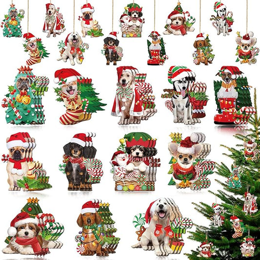 Qunclay 36 Pcs Dog Christmas Tree Ornaments Wooden Dog Christmas Tree Decorations Rustic Xmas Puppy Hanging Ornament Decorative Puppy Wood Pendants for Home Fireplace Holiday Xmas Party Decor