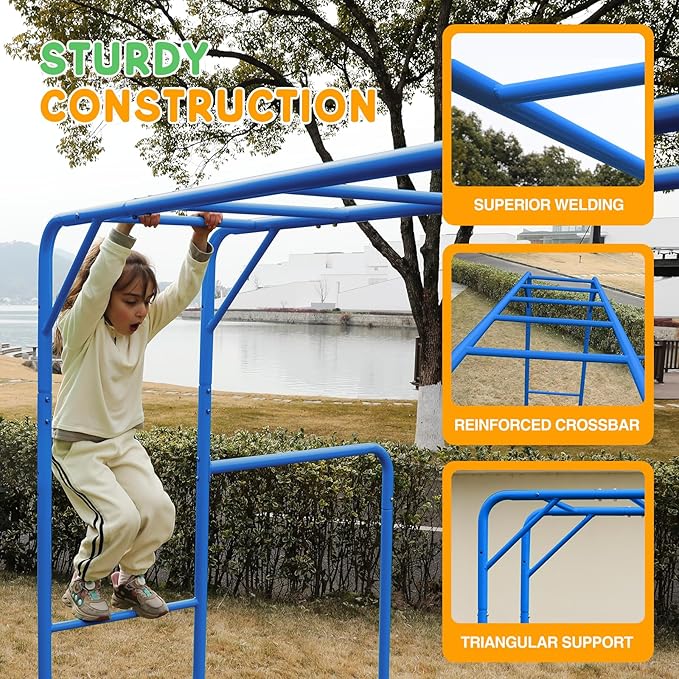 Outdoor Monkey Bar Set for Kids, with Climbing Frame, Gymnastics Bars, Playground Sets for Backyards, Metal Monkey Bars for Kids Age 3+, Backyard Set with Powder Coated Steel, Blue