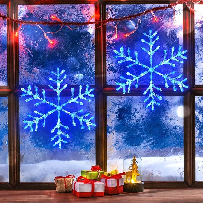 Christmas Decorations, 2 Pack Christmas Window Lights Snowflake Decorations, Snowflake Lights with 8 Lighting Modes for Holiday Indoor and Outdoor Wall Door Glass Decoration(Blue)