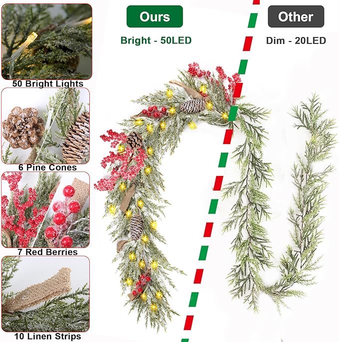 Christmas Garland with 50 Lights for Mantle - 6 Ft Snowy Cedar Garland with Pine Cones Red Berries Artificial Greenery Garlands with Timer, Prelit Garland for Holiday Table Centerpiece